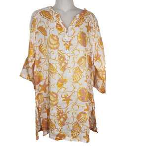 Margaritaville Womens Tunic Top Large Starfish 100% Linen Beach Seashell 3/4 Slv
